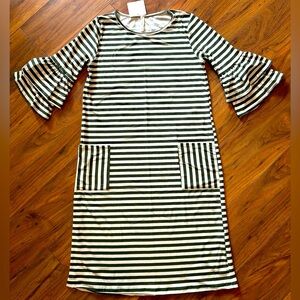 Hunter green and cream striped dress. Ruffle sleeves. Size small. Poly/spandex